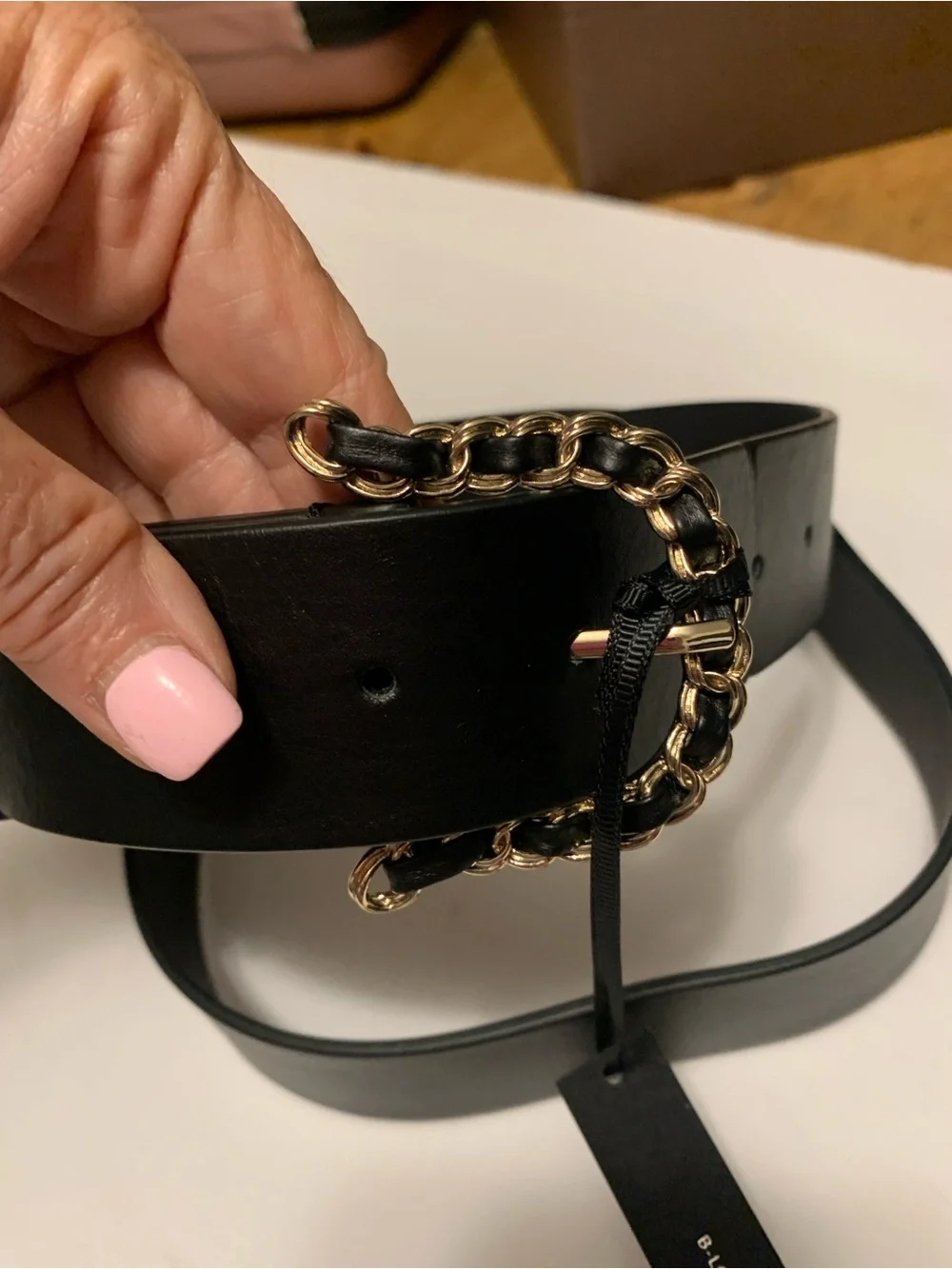 NWT B-Low The Belt Black Leather Chain-Accent Women's Belt L/XL